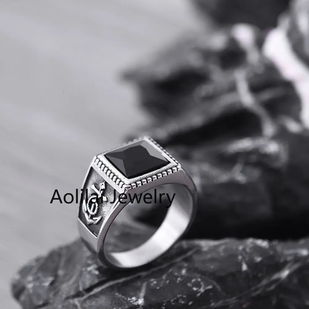 Men's Trend Titanium Steel Onyx Pirate Anchor Rings